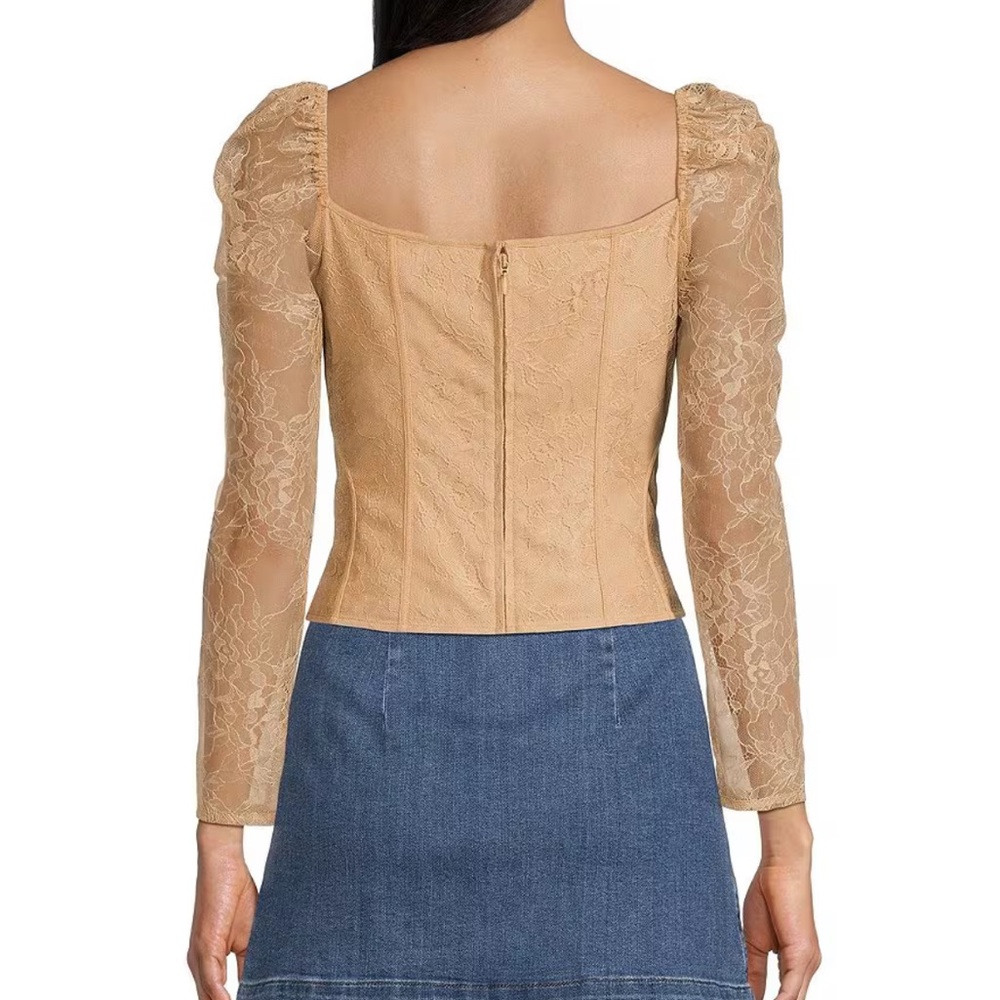 Laura Woven Lace Sweetheart Neck Tie Front Long Sleeve Fitted Blouse Biscuit - Picture 2 of 5